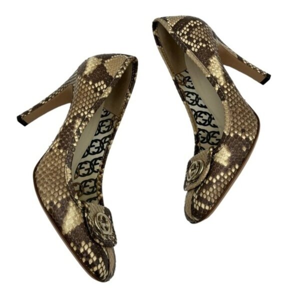 Gucci GG Brown Beige Python Square Toe Pumps Size 8B - Picture 6 of 12